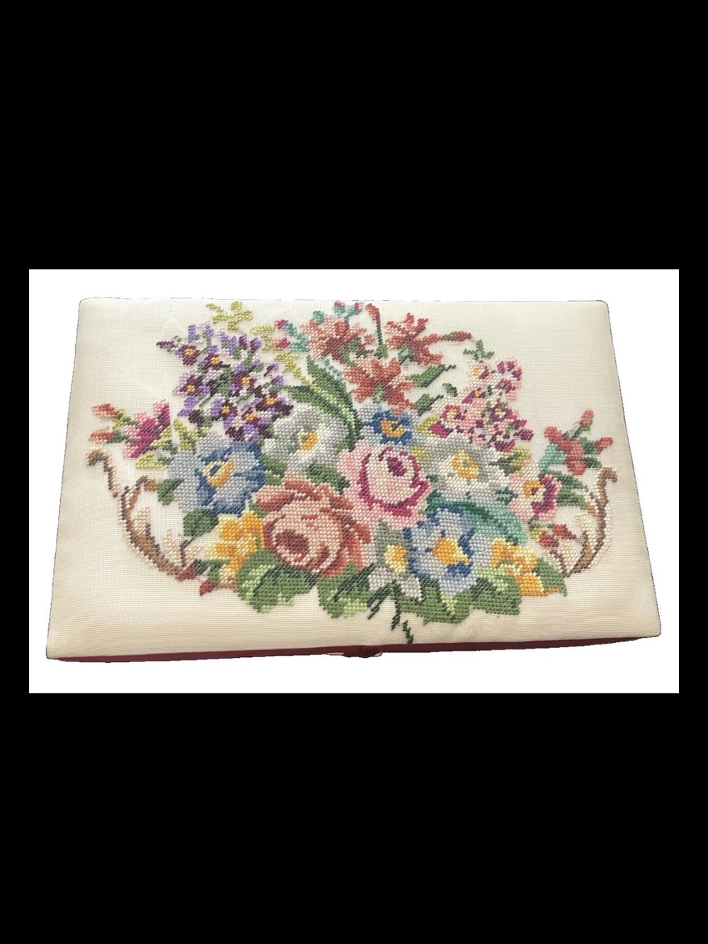 Vintage FETCO Needlepoint Trinket Box Floral Roses Hand Stitched Red Jewelry